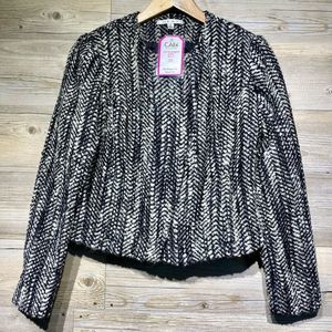 CABI 529 Mockingbird Tweed Boucle Moto Zip Jacket Blazer Black White Size 4